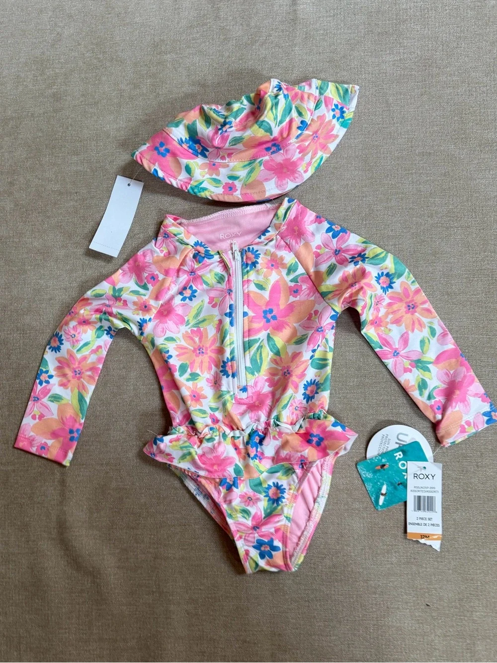 Roxy Kids' Ruffled Long Sleeve One-Piece Rashguard Swimsuit & Hat Set